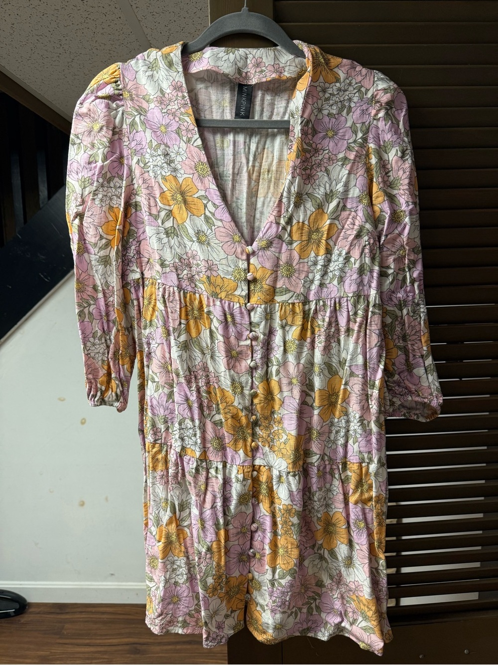 MINKPINK Pink & Yellow Floral V-Neck Tiered Dress